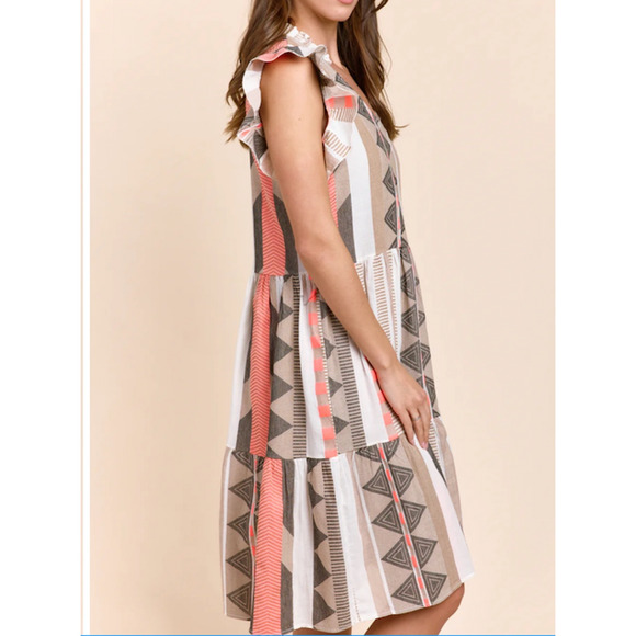 Sofia Made in Italy Bright Geometric aztec print summer Midi Dress with ruffle - Picture 4 of 9